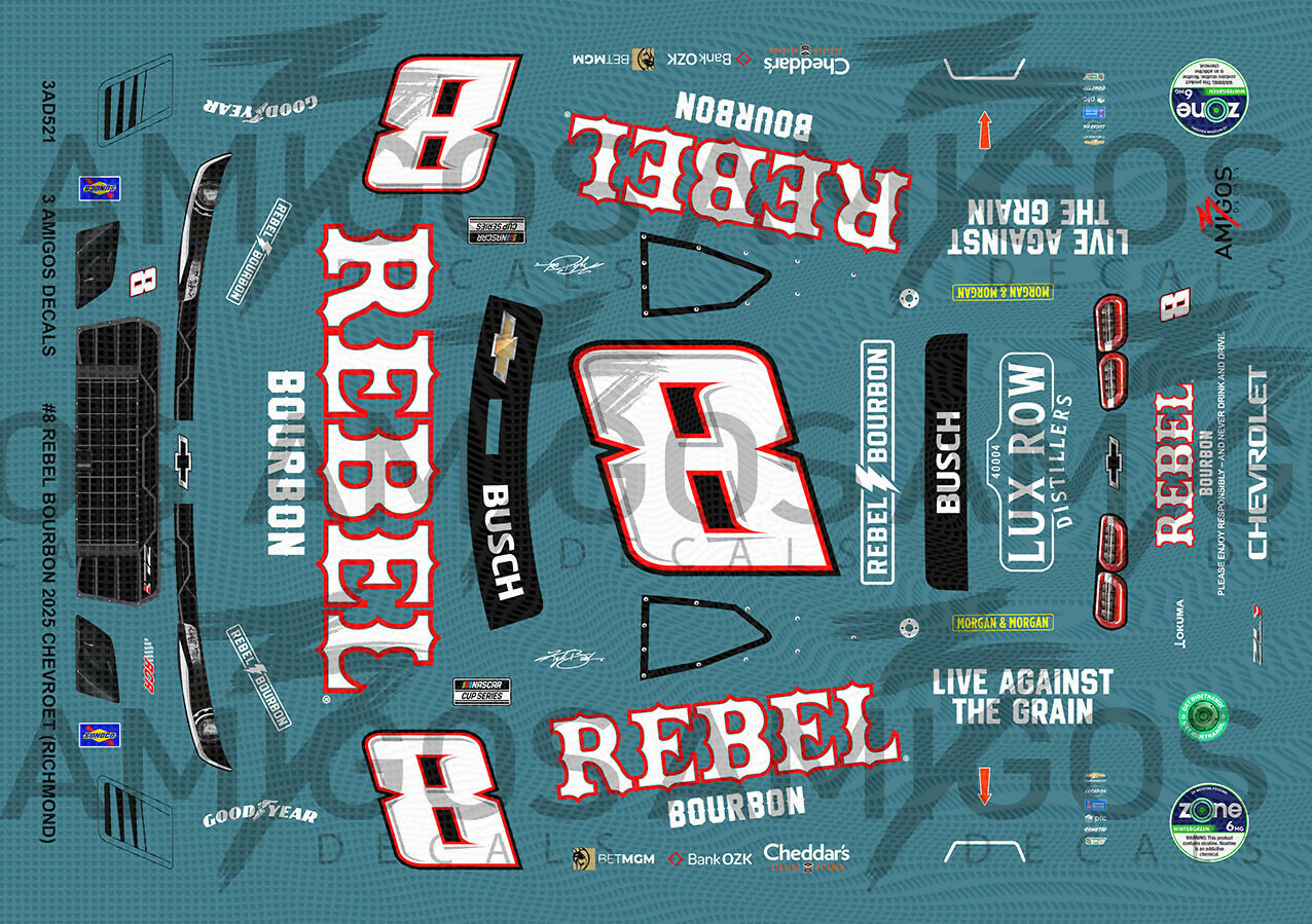 Rebel Racing Decals 3 Amigos Decals #8 REBEL BOURBON 2025 CHEVROLET (RICHMOND) Decal Set 1 ...