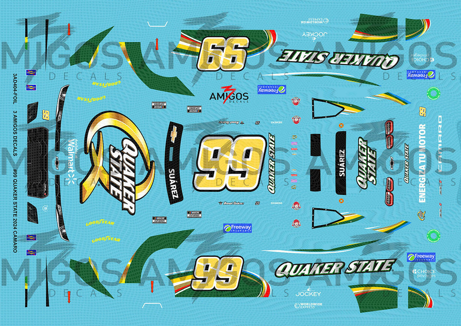 3 Amigos Decals #99 QUAKER STATE 2024 CAMARO WITH GOLD FOIL NUMBERS 1:24 DECAL SET