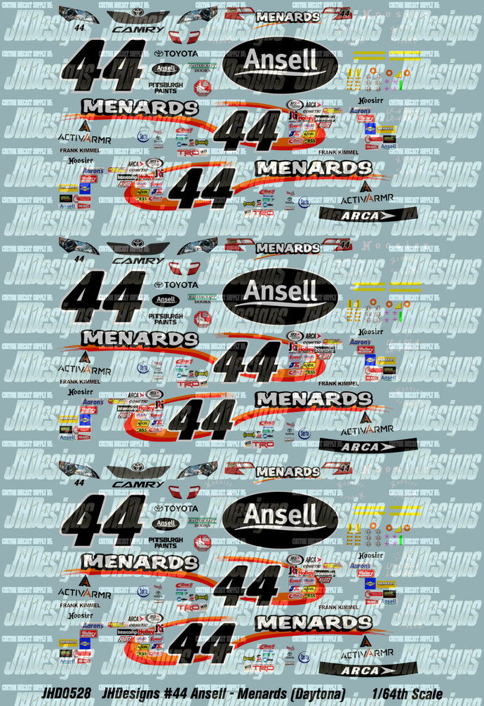 JH Designs Frank Kimmel 2012 ARCA #44 Ansell - Menards (Daytona) 1:64 ...