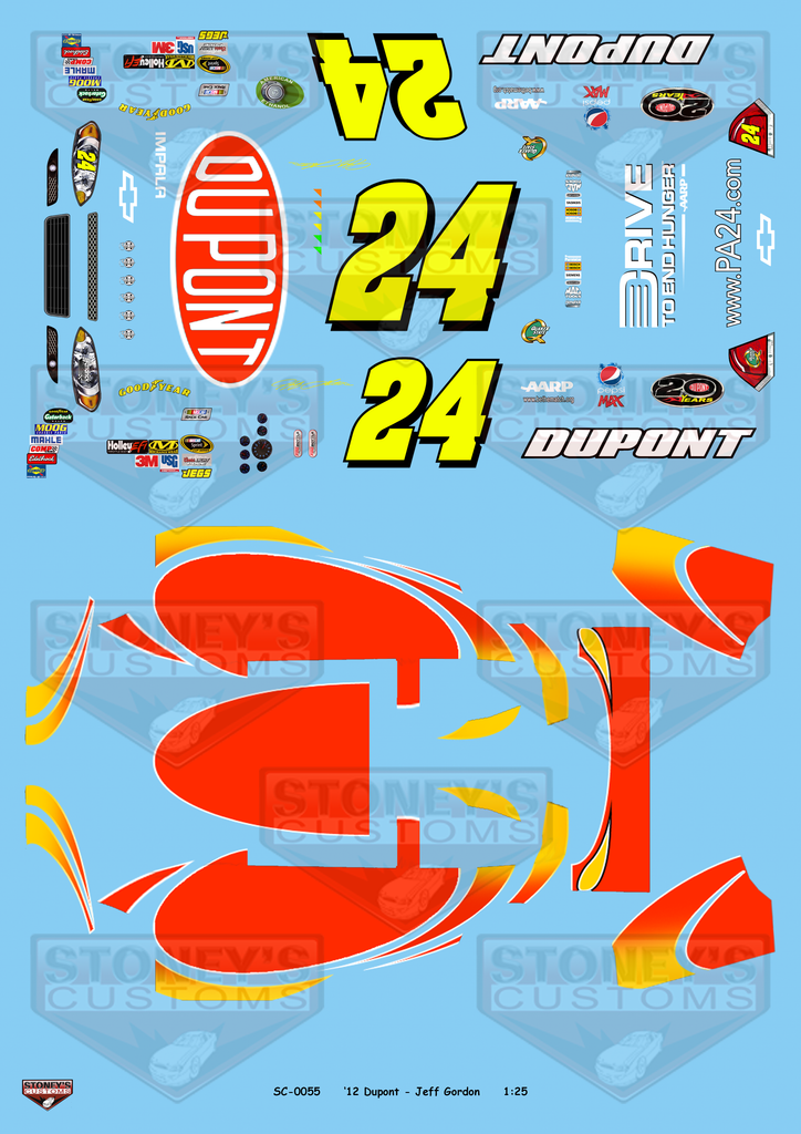Stoney's Customs 2012 #24 Dupont Jeff Gordon 1:25 Decal Set