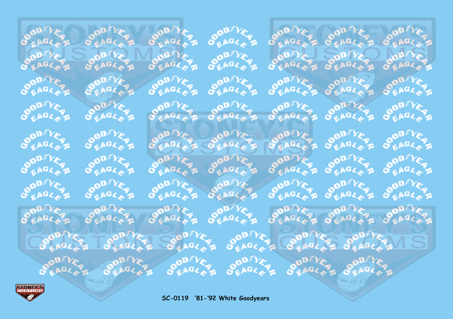 Goodyear White on Clear Curved Stickers - Set of 4 - 40mm Goodyear White on Clear Curved Stickers - Set of 4 - 40mm