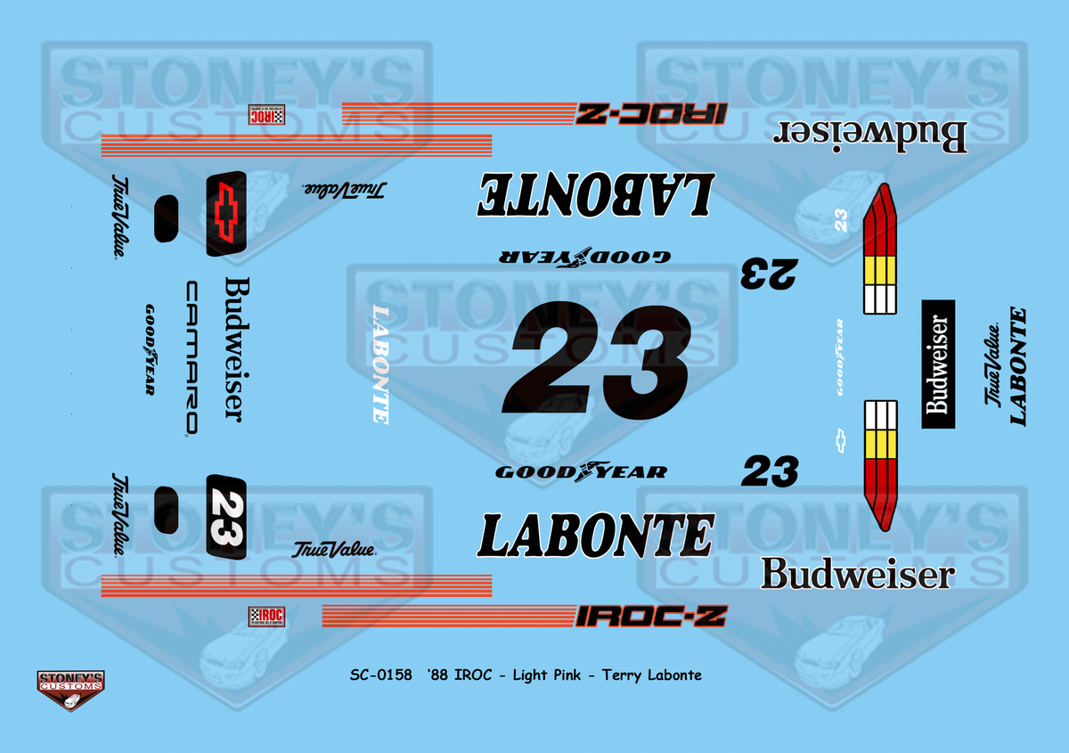 Stoney's Customs 1988 Light Pink #23 IROC Terry Labonte 1:24 Decal Set