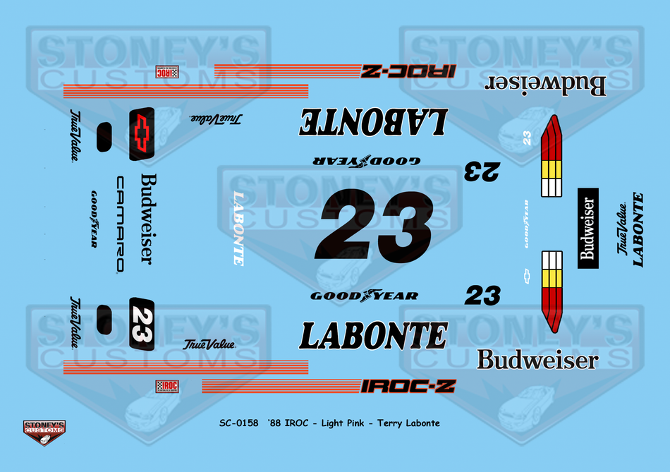 Stoney's Customs 1988 Light Pink #23 IROC Terry Labonte 1:24 Decal Set