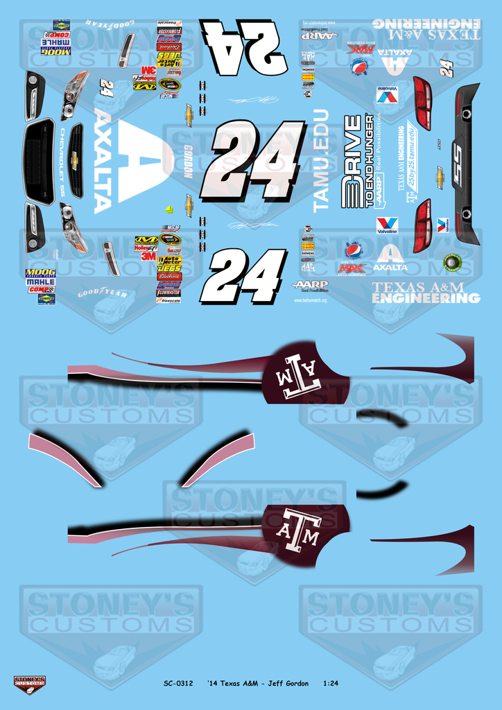 Stoney's Customs 2014 #24 Texas A&amp;M Jeff Gordon 1:24 Decal Set