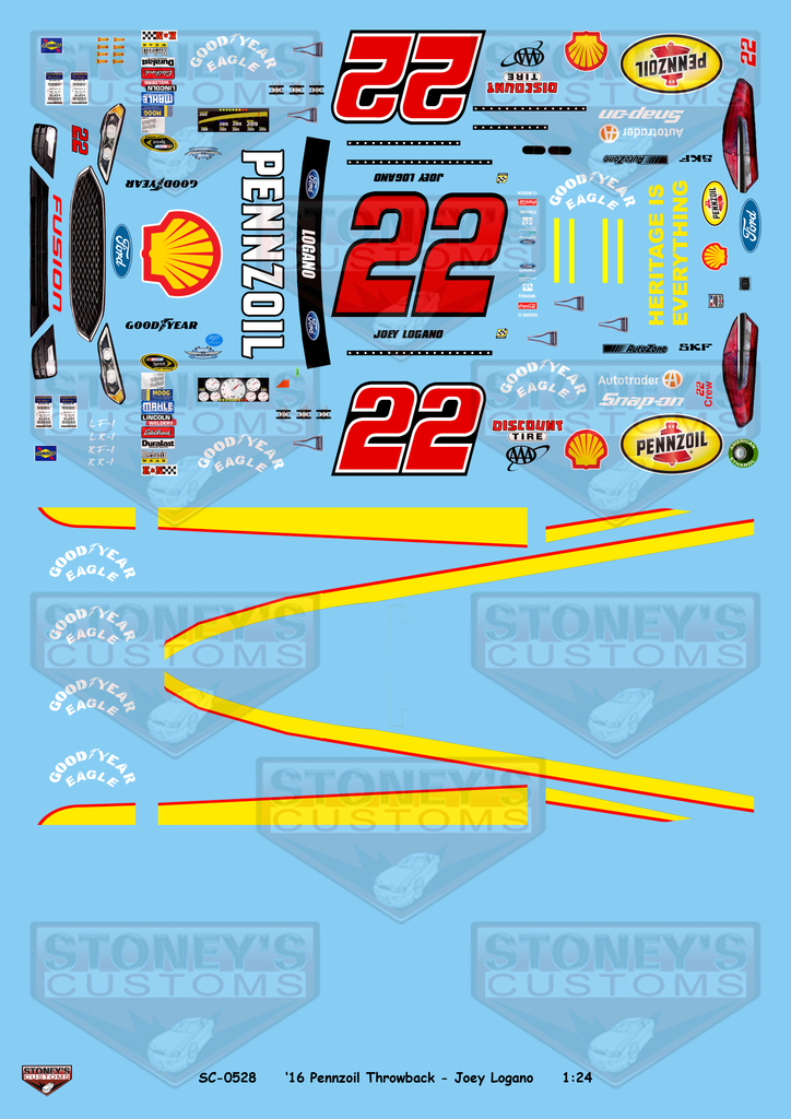 Stoney's Customs 2016 #22 Pennzoil Throwback - Joey Logano 1:24 Decal Set