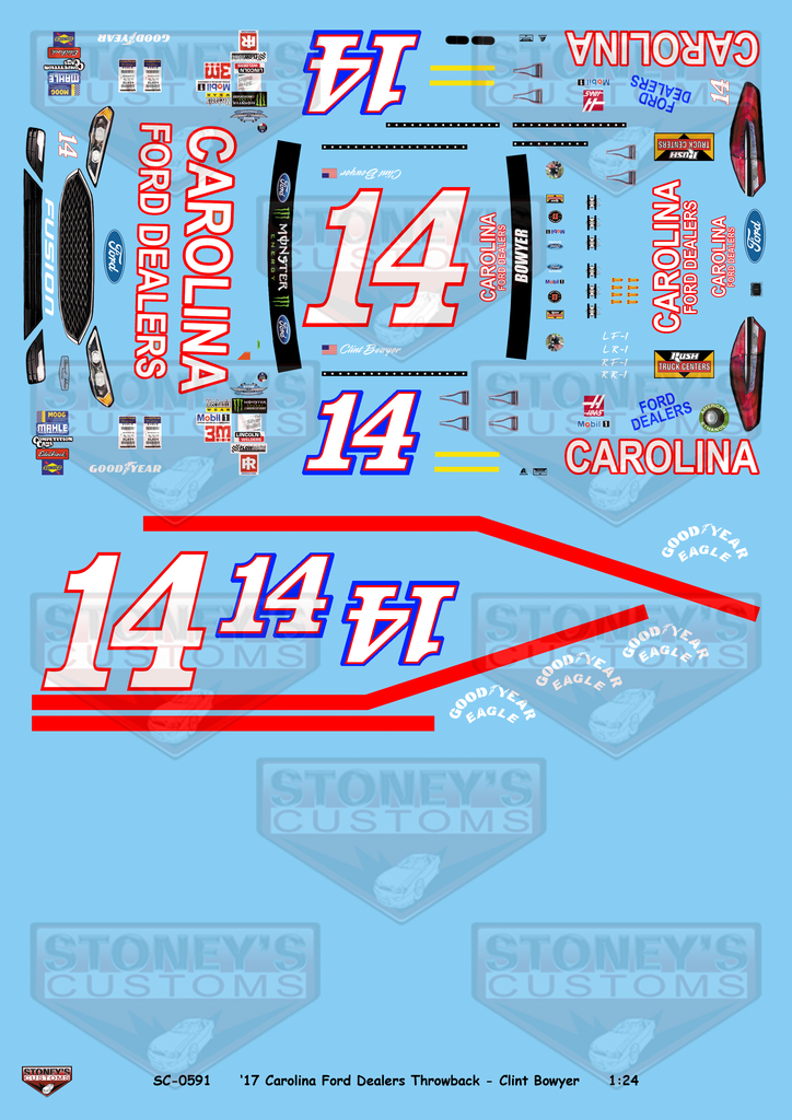 Stoney's Customs 2017 #14 Carolina Ford Dealers Throwback - Clint Bowyer 1:24 Decal Set