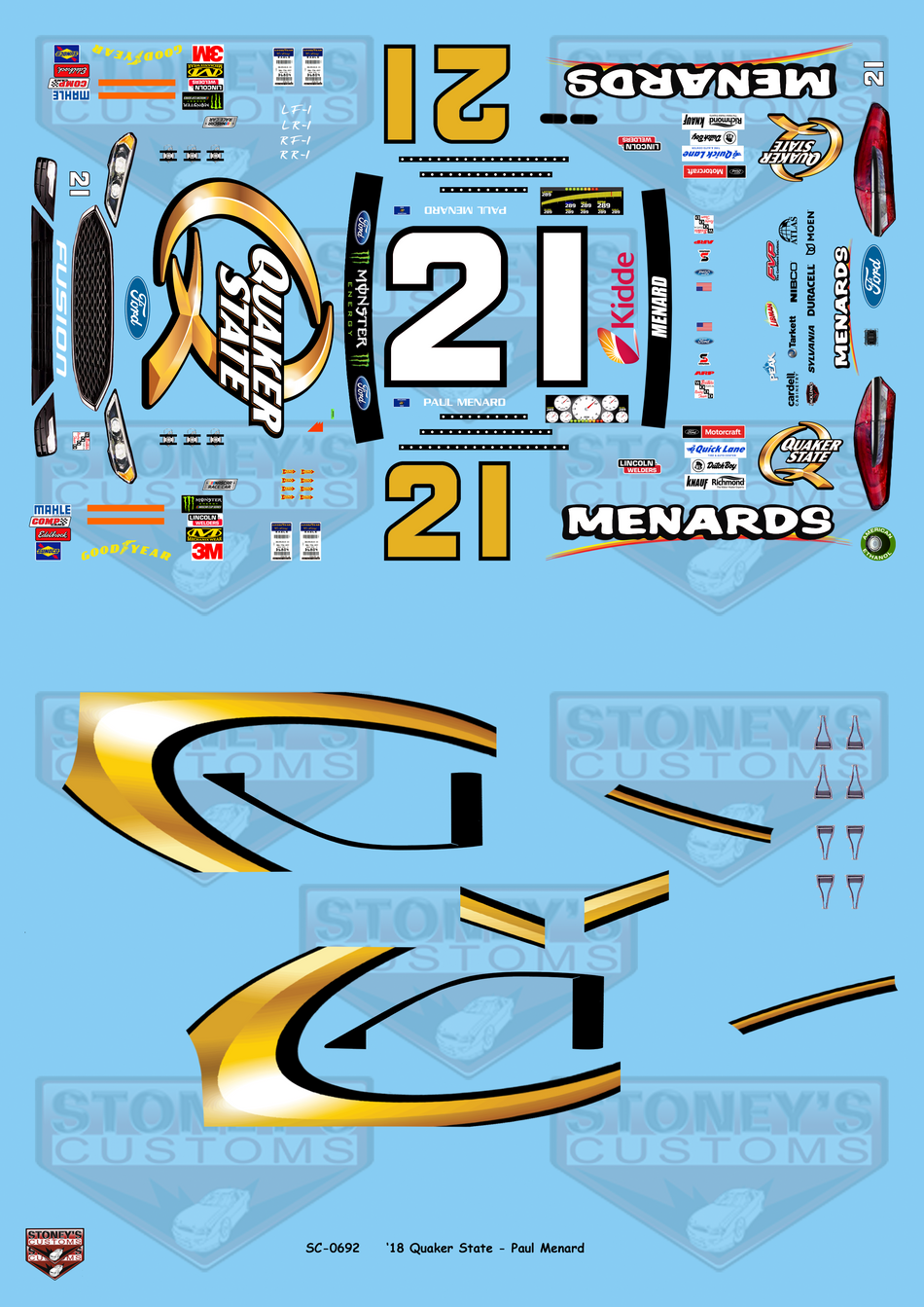 Stoney's Customs 2018 Quaker State Paul Menard Ford Fusion 1:24 Decal Set