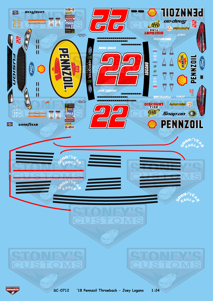 Stoney's Customs 2018 #22 Pennzoil Throwback - Joey Logano 1:24 Decal Set