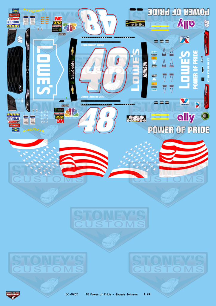 Stoney's Customs 2018 #48 Power of Pride - Jimmie Johnson 1:24 Decal S ...