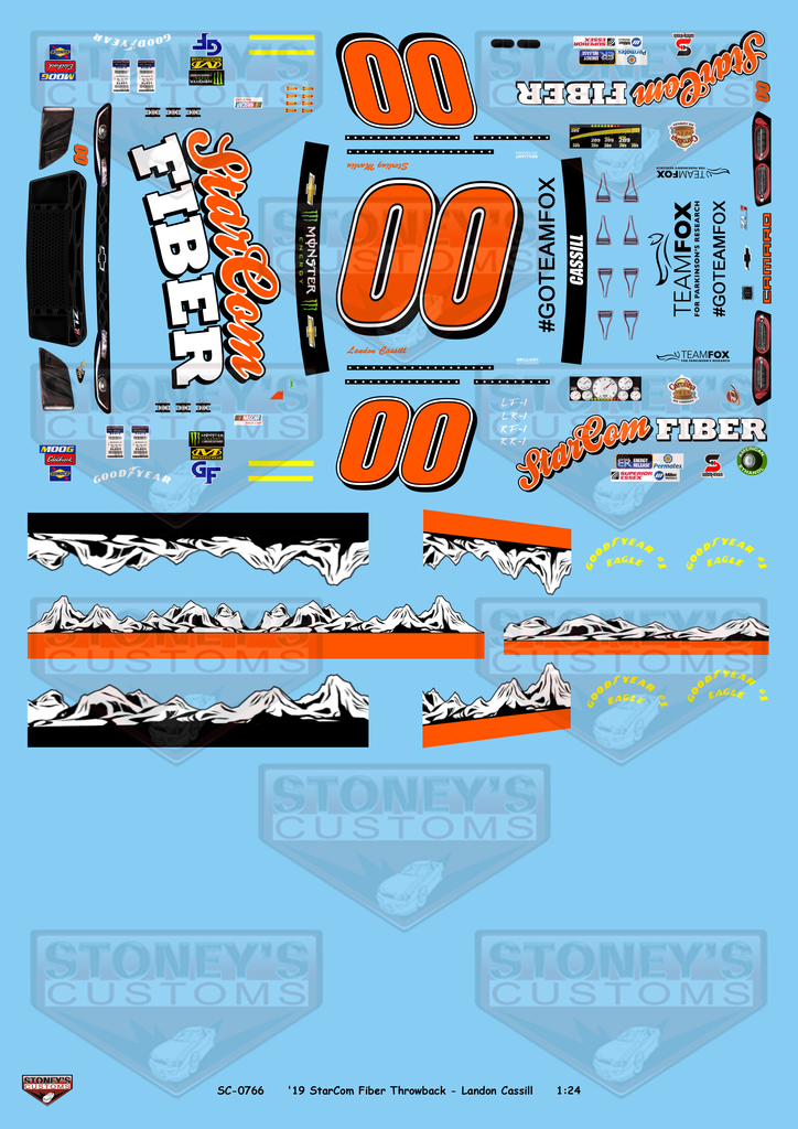 Stoney's Customs 2019 #00 StarCom Fiber Throwback - Landon Cassill 1:24 Decal Set