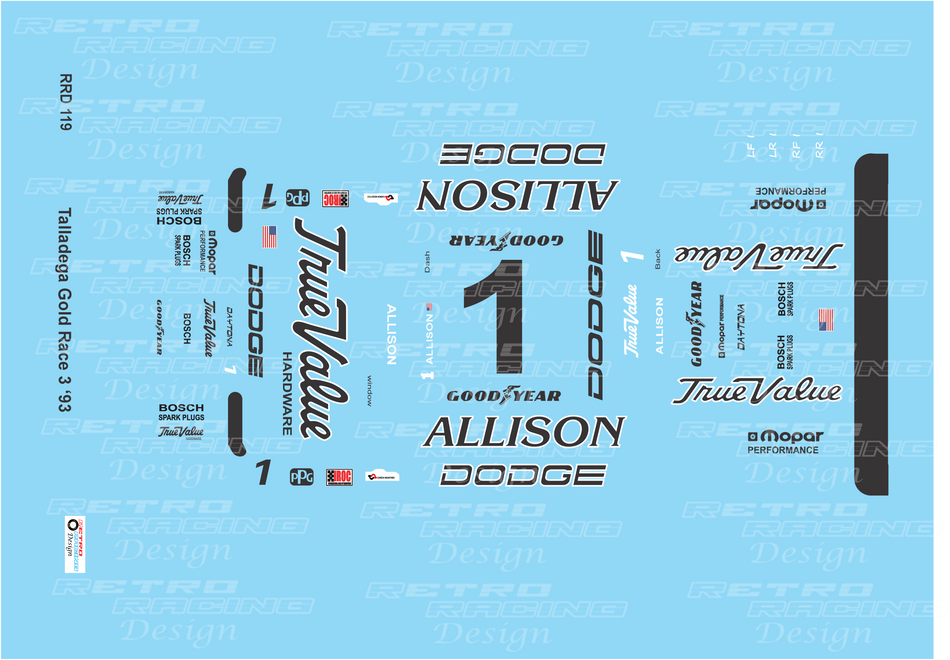 Retro Racing Design Davey Allison IROC 1993 #4 Gold Dodge Daytona 1/24 Scale Decal