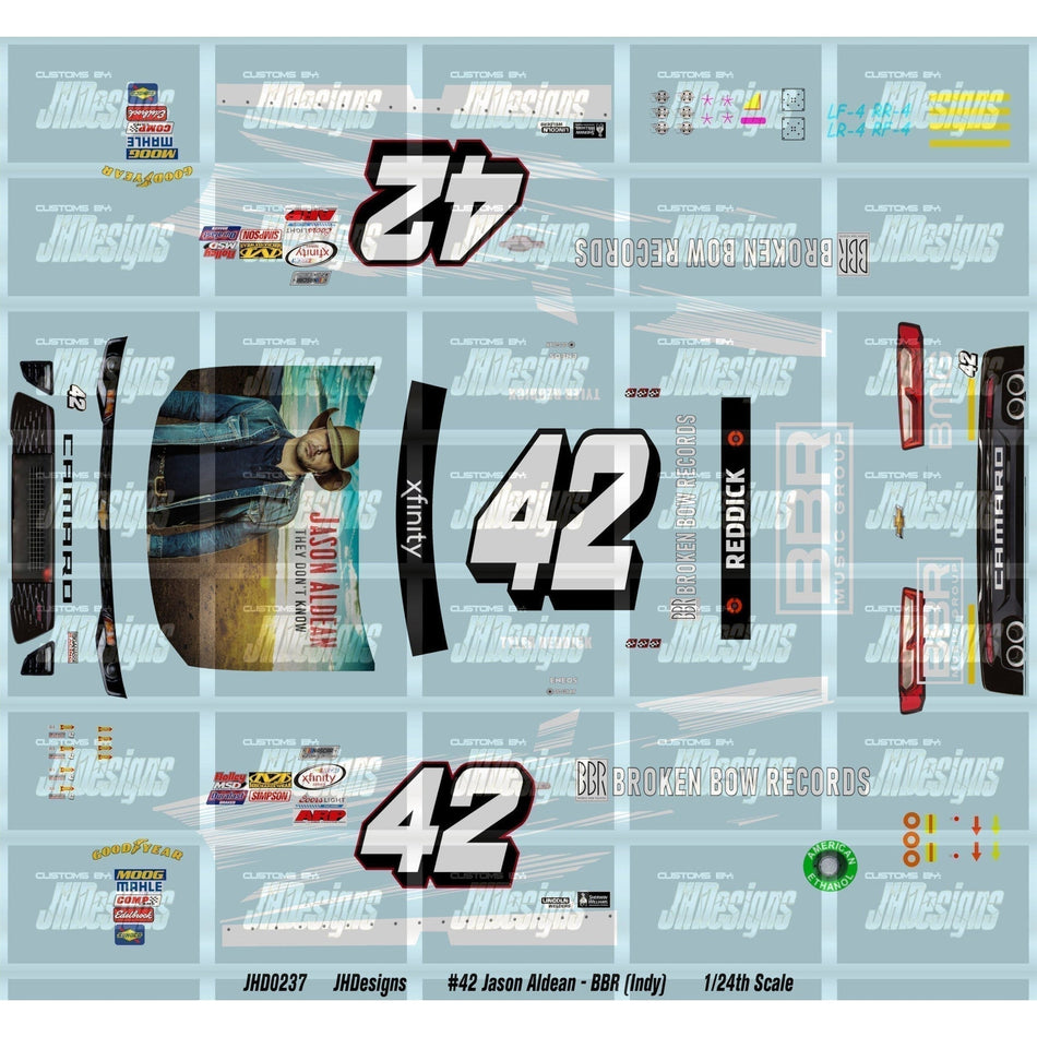 JH Designs Tyler Reddick 2017 NXS #42 Jason Aldean - They Don't Know (Indy) 1:24 Racecar Decal Set