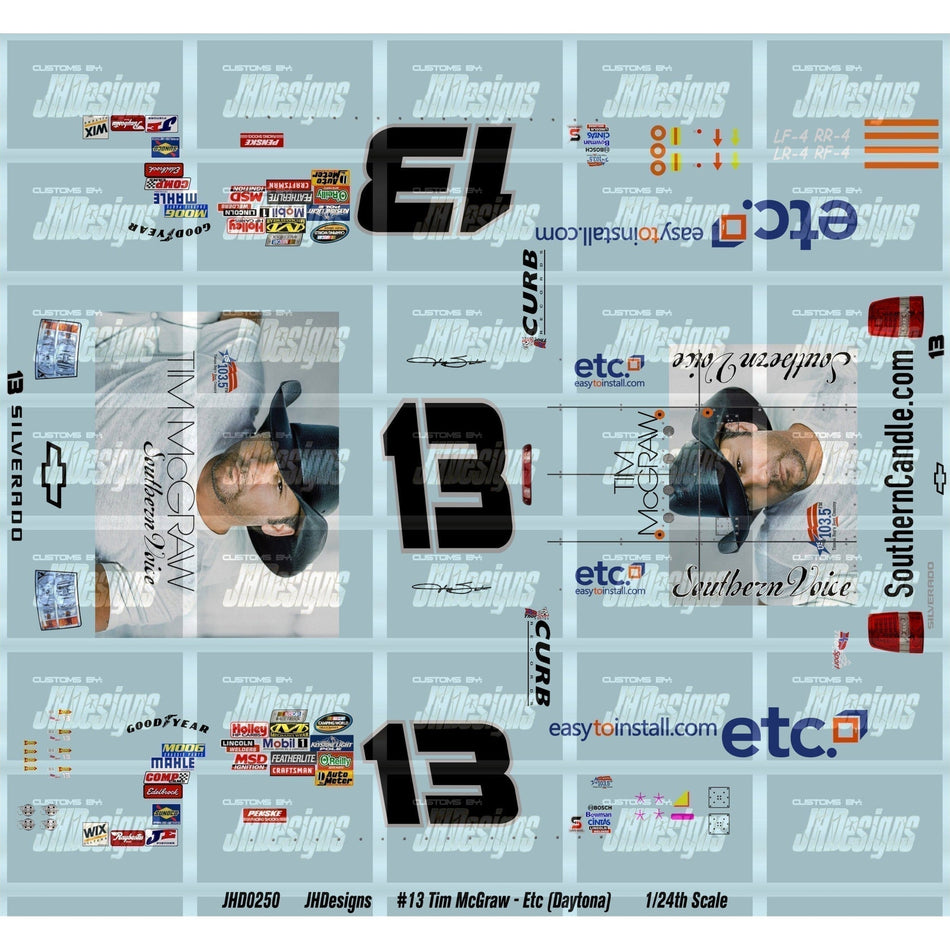 JH Designs Johnny Sauter 2010 CWTS #13 Tim McGraw - Easy To Install (Daytona) 1:24 Racecar Decal Set