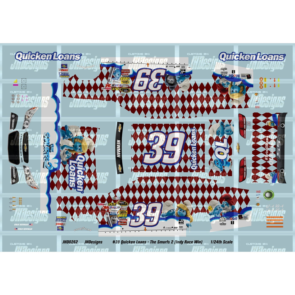 JH Designs Ryan Newman 2013 CUP #39 Quicken Loans - The Smurfs 2 (Indy Race Win) 1:24 Racecar Decal Set