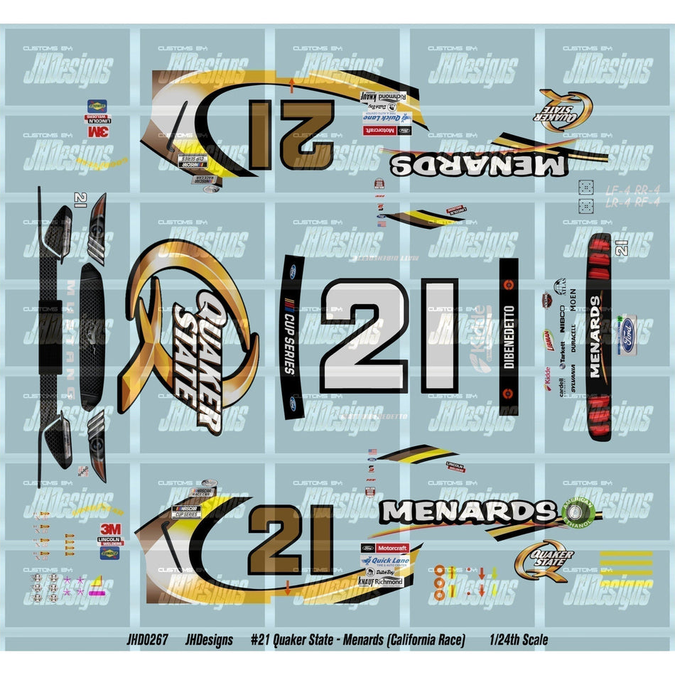 JH Designs Matt Dibenedetto 2020 CUP #21 Quaker State - Menards (California) 1:24 Racecar Decal Set