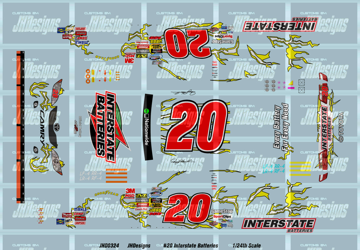 JH Designs Denny Hamlin 2010 NWS #20 Interstate Batteries  1:24 Racecar Decal Set