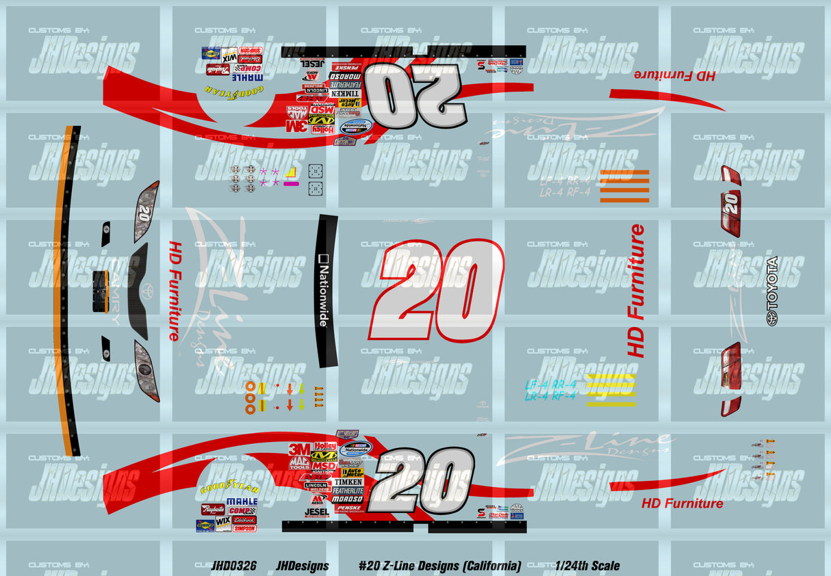 JH Designs Tony Stewart 2008 NWS #20 Z-Line Designs (California) 1:26 Racecar Decal Set