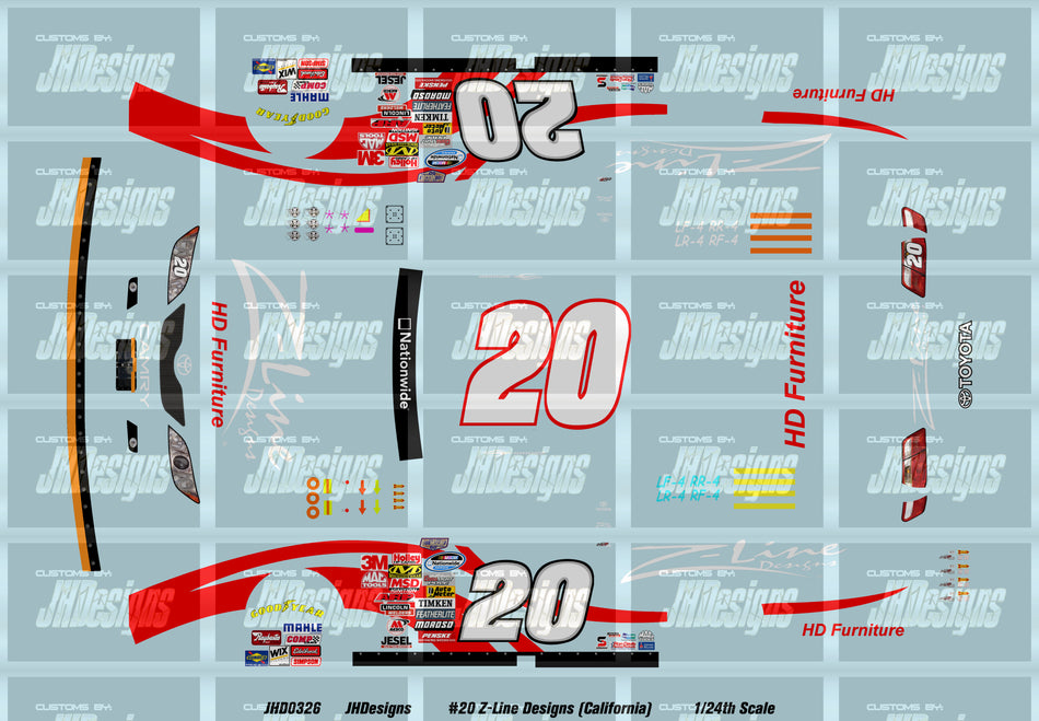 JH Designs Tony Stewart 2008 NWS #20 Z-Line Designs (California) 1:24 Racecar Decal Set