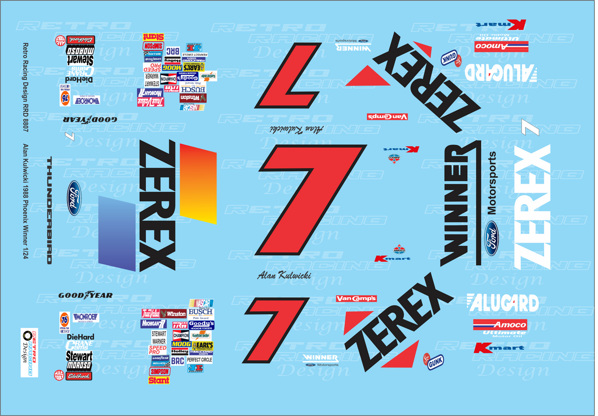 Retro Racing Design '88 Zerex Alan Kulwicki #7 Phoenix Win 1/24 Decal Use '87 Ford Rookie kit or Diecast