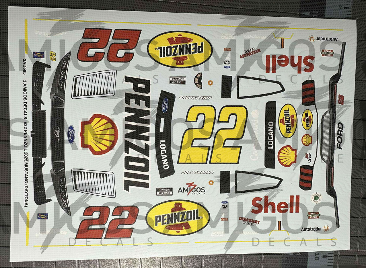 22 Sticker Decal 3 Amigos Decals #22 PENNZOIL/SHELL 2025 MUSTANG (DAYTONA) Decal Set 1 ...