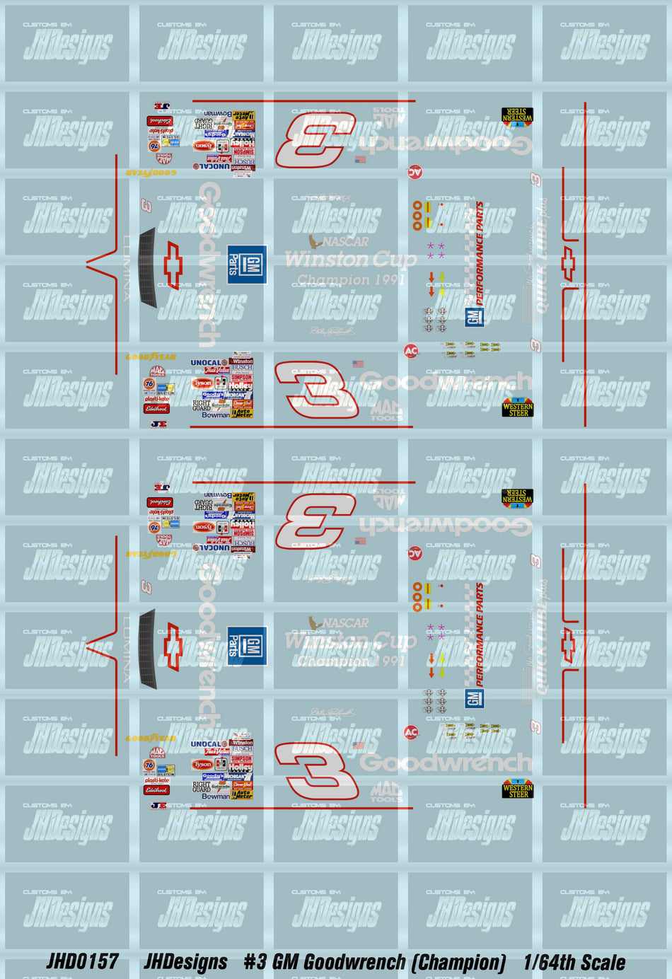 JH Designs Dale Earnhardt 1991 CUP #3 Goodwrench (Champion) 1:64 Racecar Decal Set