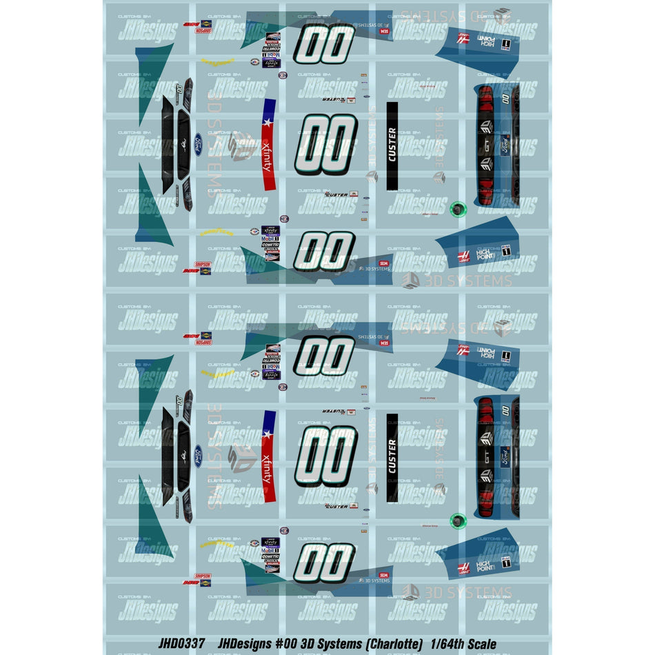 JH Designs Cole Custer 2023 NXS #00 3D Systems (Charlotte) 1:64 Racecar Decal Set