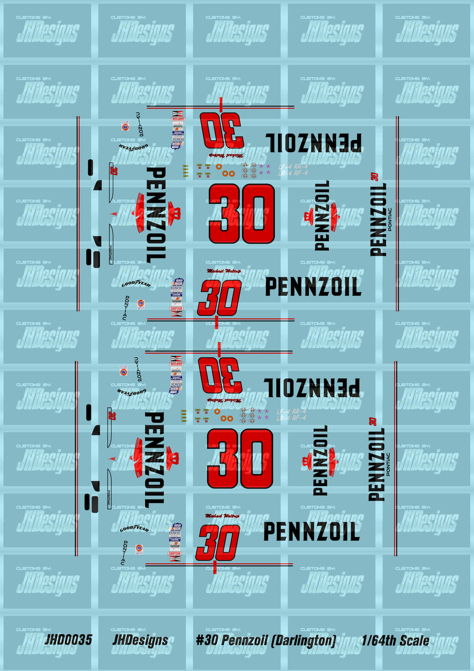 JH Designs Michael Waltrip 1992 NBS #30 Pennzoil (Darlington Race Win) 1:64 Racecar Decal Set