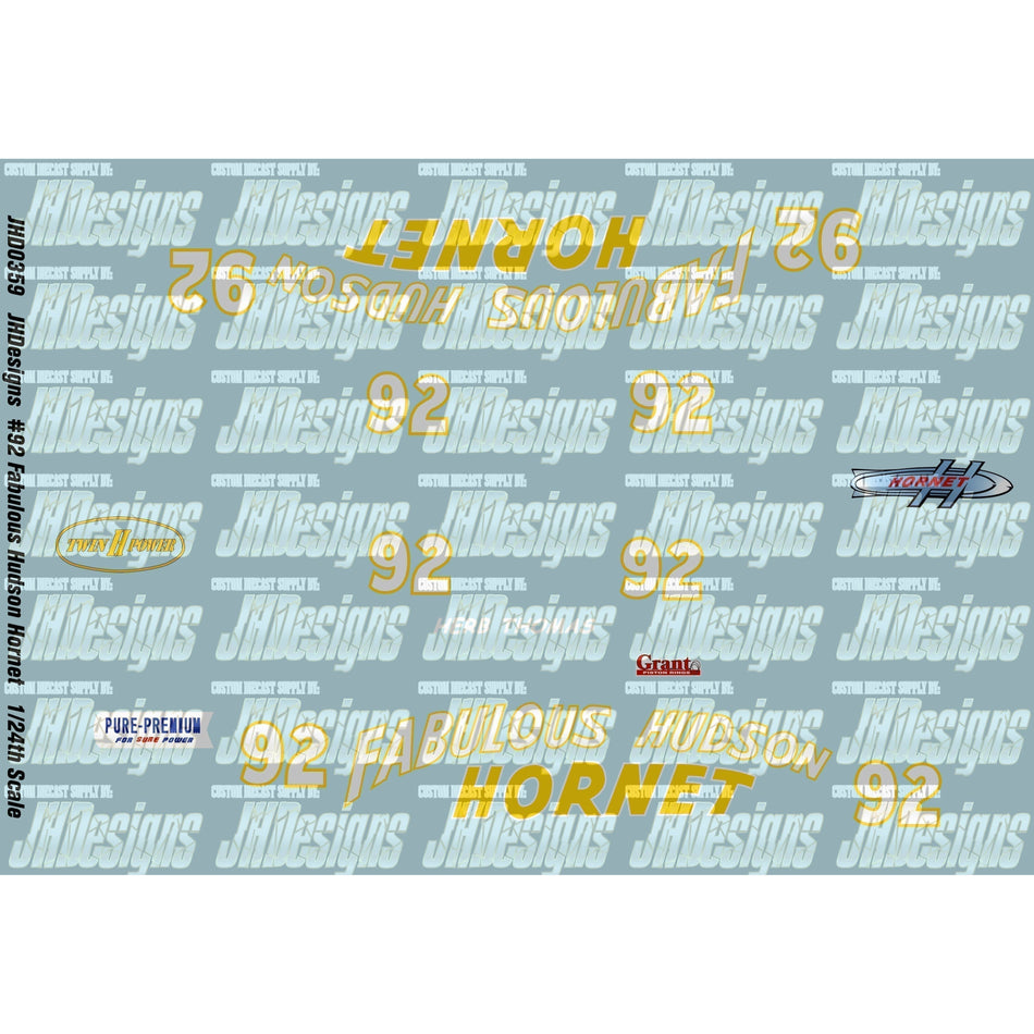 JH Designs Herb Thomas 1953 CUP #92 The Fabulous Hudson Hornet (Champion) 1:24 Racecar Decal Set