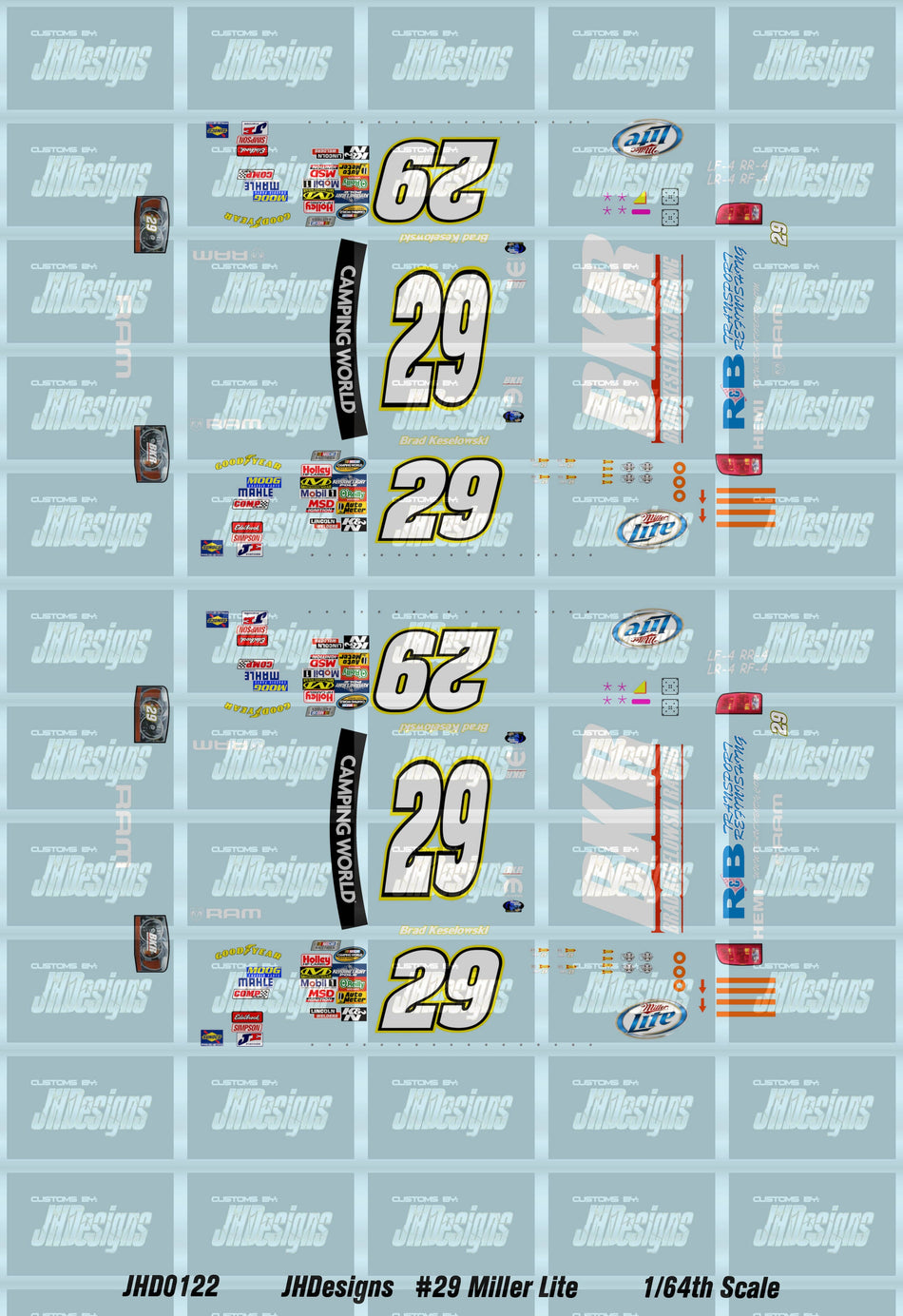 JH Designs Brad Keselowski 2010 CWTS #29 Miller Lite 1:64 Racecar Decal Set