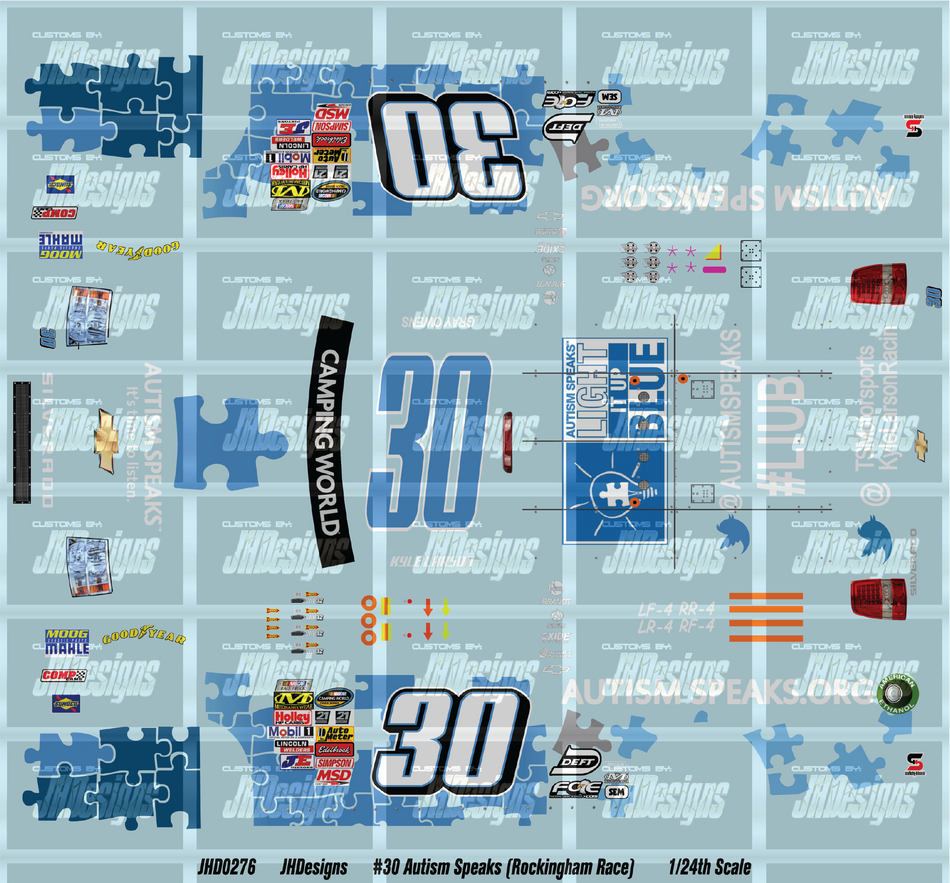 JH Designs Kyle Larson 2013 CWTS #30 Autism Speaks (Rockingham Race Win) 1:24 Racecar Decal Set