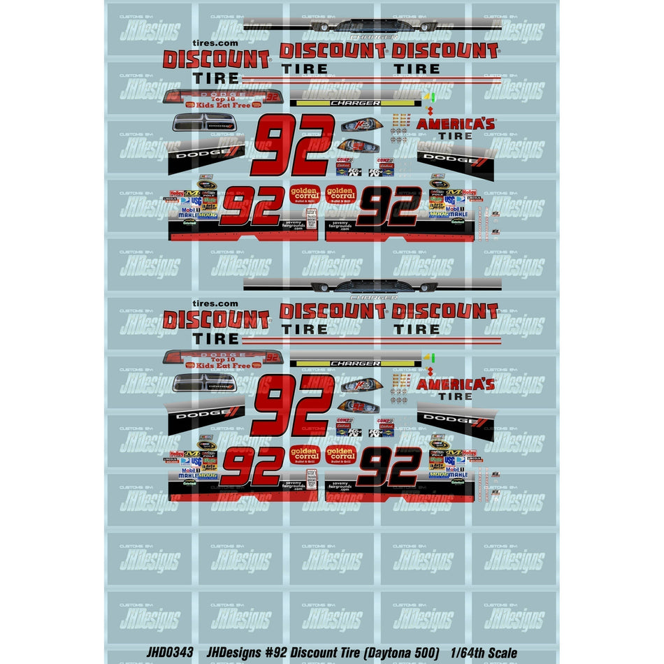 JH Designs Brian Keselowski 2011 CUP #92 Discount Tire (Daytona 500) 1:64 Racecar Decal Set
