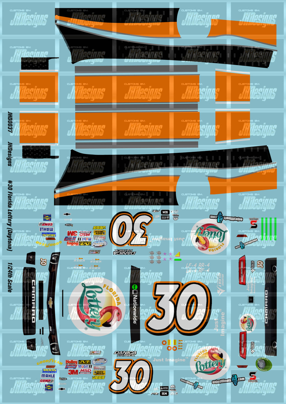 JH Designs Danica Patrick 2014 NWS #30 Florida Lottery 1:24 Racecar Decal Set