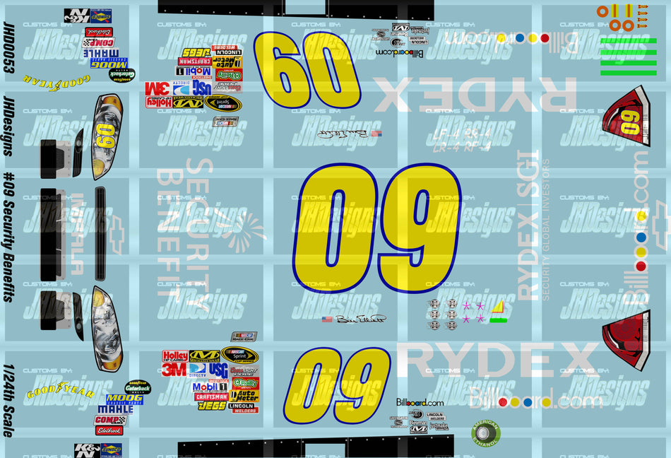 JH Designs Bill Elliott 2011 CUP #09 Security Benefits 1:24 Racecar Decal Set