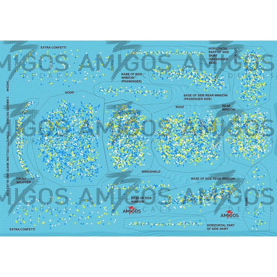 3 Amigos Decals CONFETTI YELLOW WHITE AND BLUE Decal Set 1:24