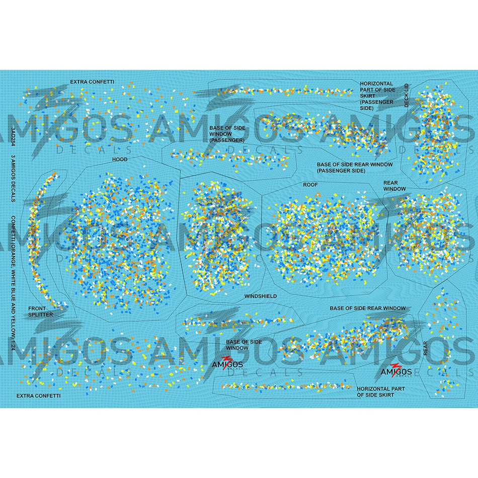 3 Amigos Decals CONFETTI ORANGE, BLUE, YELLOW AND WHITE Decal Set 1:24