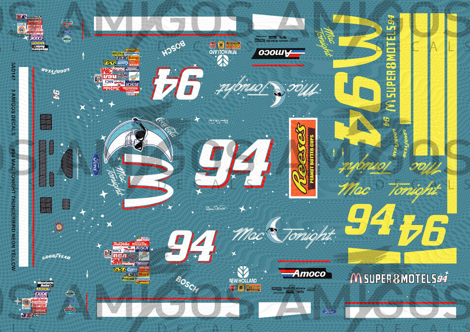 3 Amigos Decals #94 Mac Tonight 1997 Thunderbird 1/24 NEON Yellow Decal Set - 1