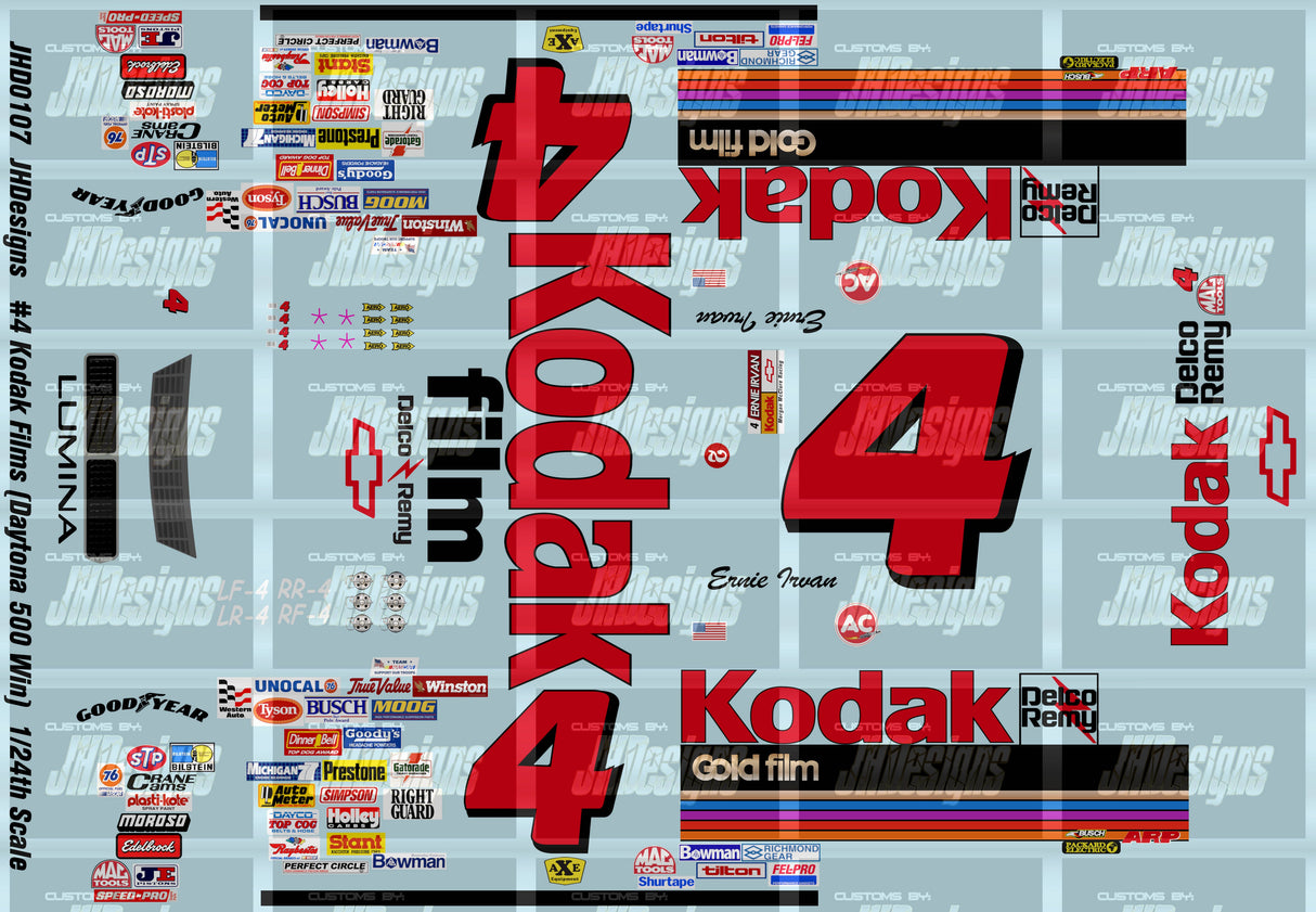 JH Designs Ernie Irvan 1991 CUP #4 Kodak Gold Film (Daytona 500 Win) 1:24 Racecar Decal Set