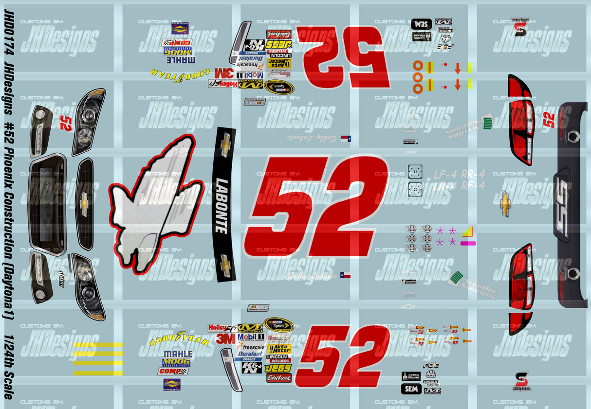 JH Designs Bobby Labonte 2014 CUP #52 Phoenix Construction (Daytona1) 1:24 Racecar Decal Set