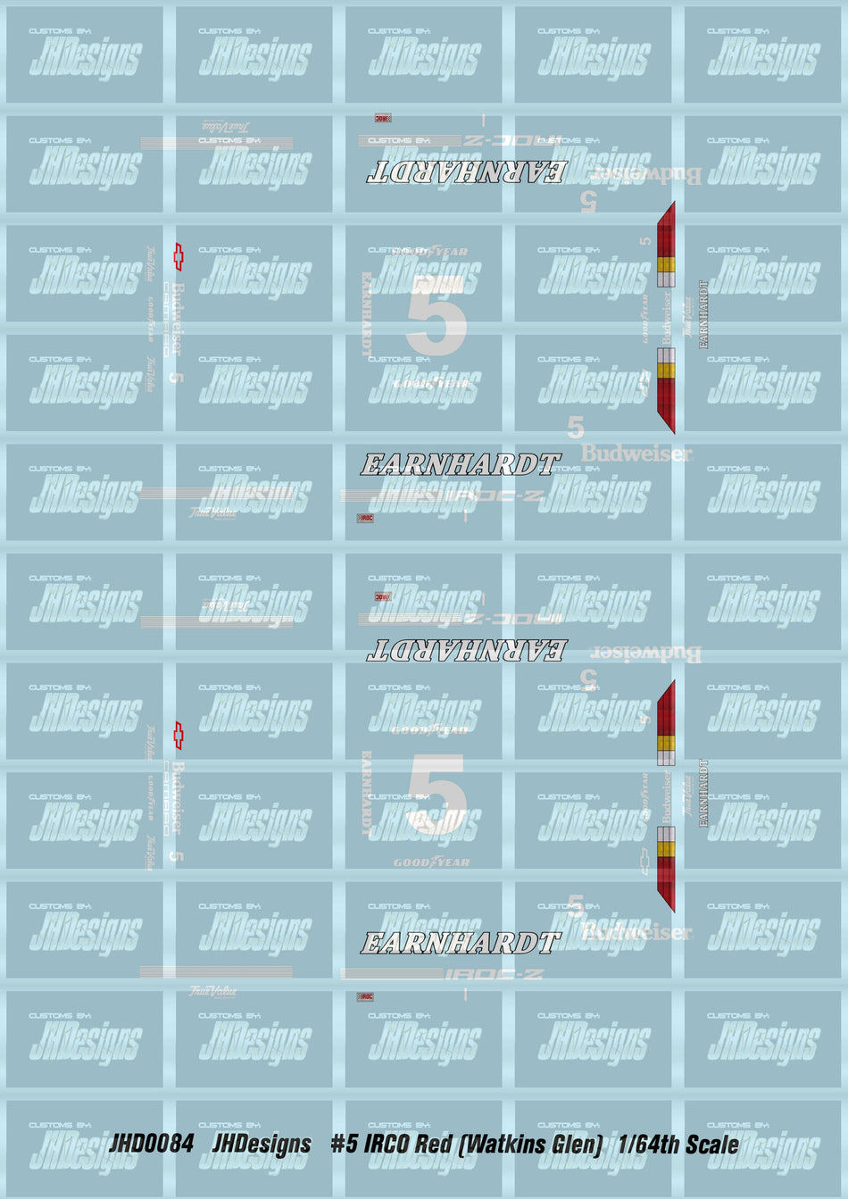 JH Designs Dale Earnhardt 1988 IROC #5 Red (Watkins Glen) 1:64 Racecar Decal Set