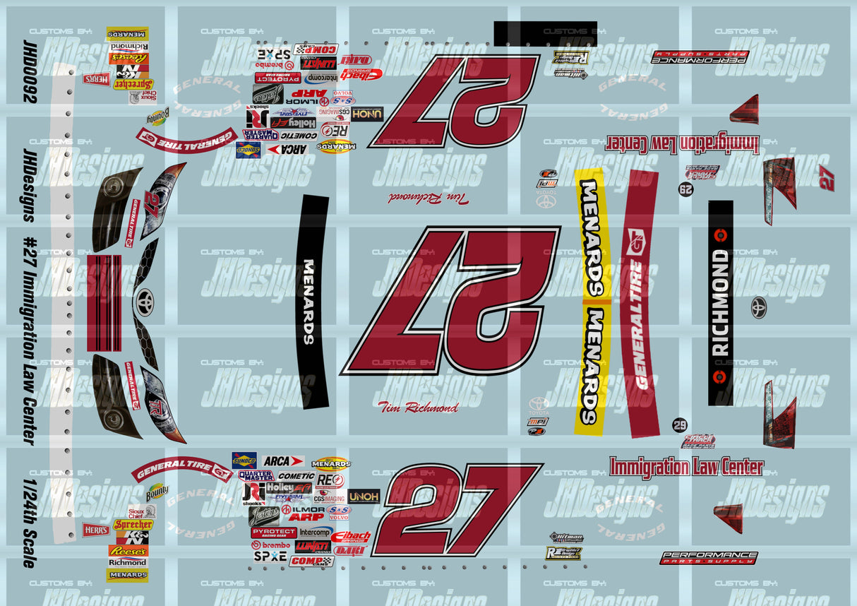 JH Designs Tim Richmond 2022 ARCA #27 Immigration Law Center (Daytona) 1:24 Racecar Decal Set