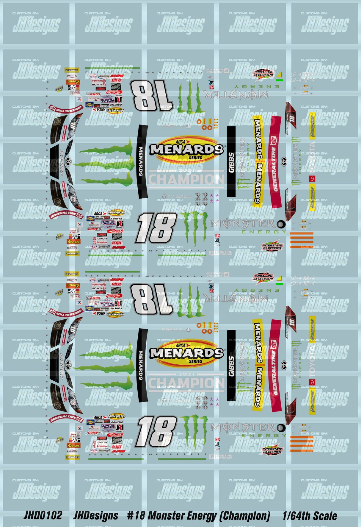 JH Designs Ty Gibbs 2021 ARCA #18 Monster Energy (ARCA Champion) 1:64 Racecar Decal Set