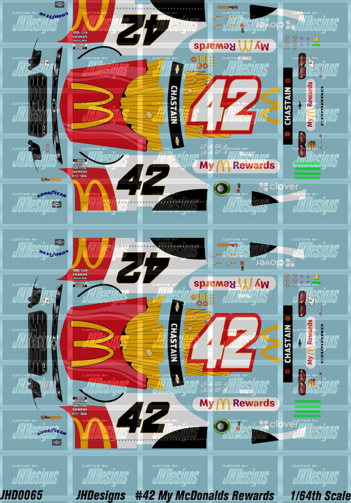 JH Designs Ross Chastain 2021 CUP #42 McDonald's My M Rewards 1:64 Racecar Decal Set