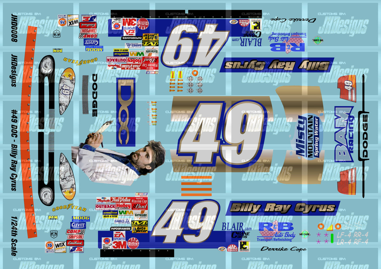 JH Designs Derrike Cope 2002 CUP #49 Doc - Billy Ray Cyrus 1:24 Racecar Decal Set