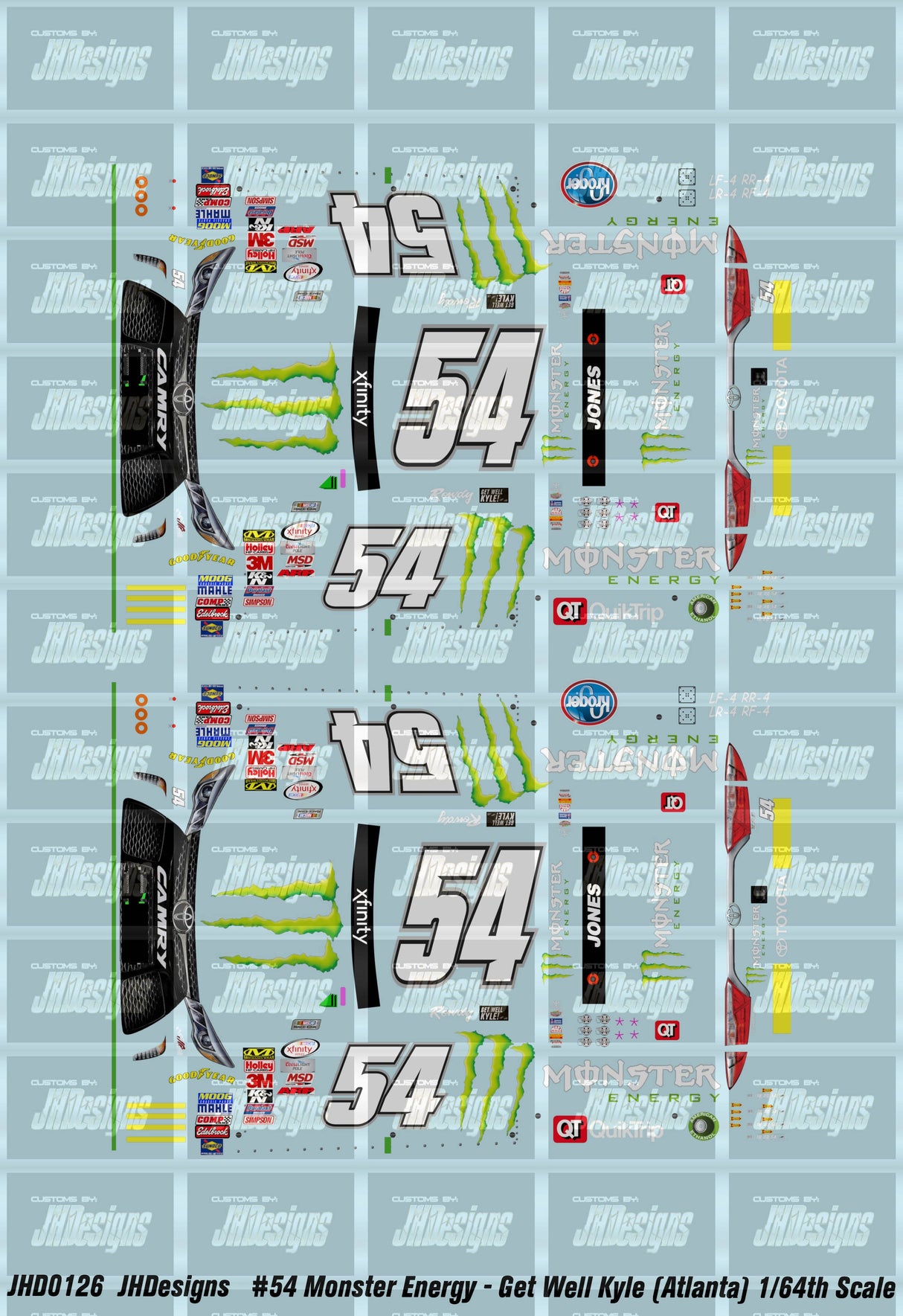 JH Designs Erik Jones 2015 NXS #54 Monster Energy - Get Well Kyle (Atlanta) 1:64 Racecar Decal Set