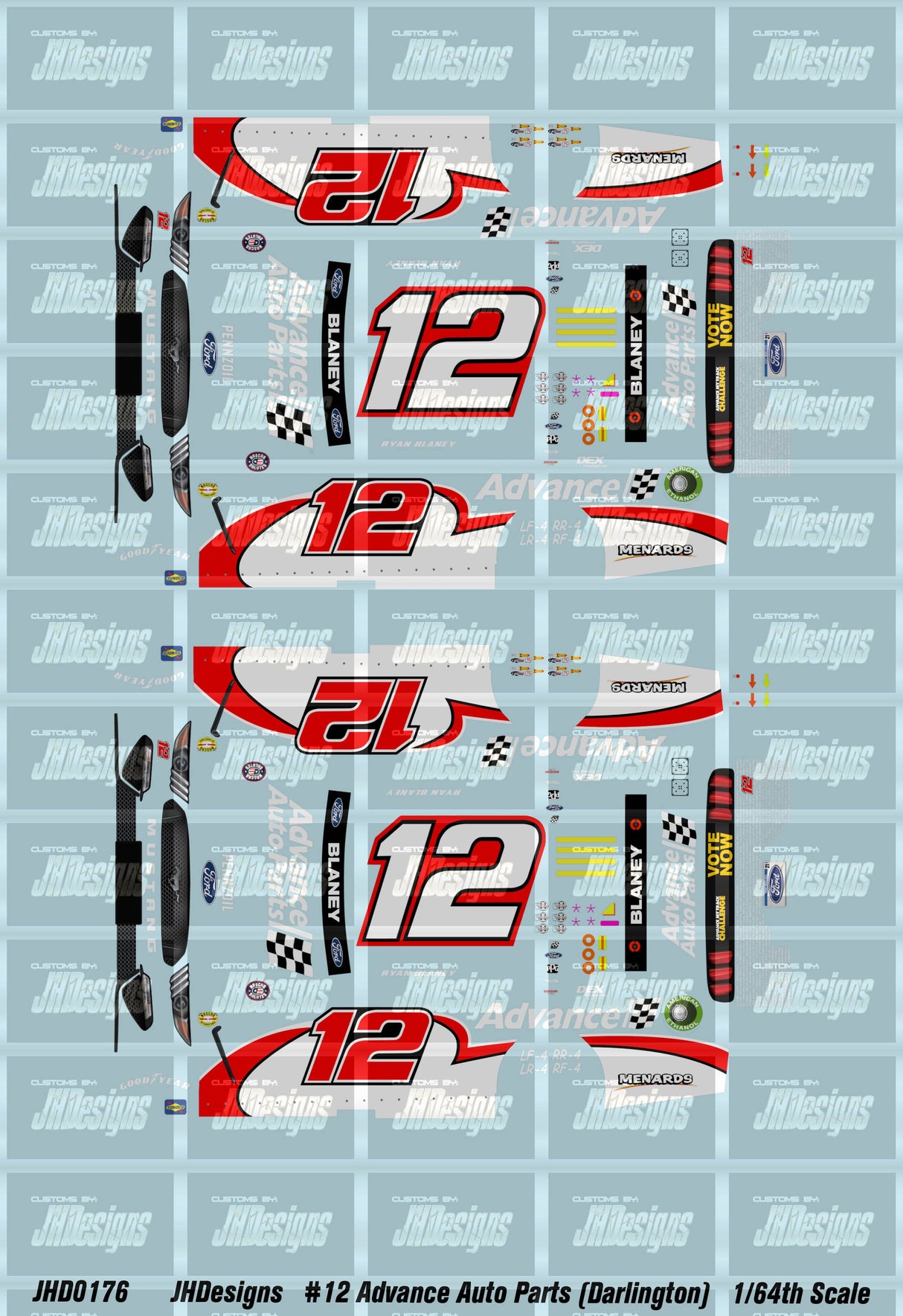 JH Designs Ryan Blaney 2021 CUP #12 Advance Auto Parts (Darlington) 1:64 Racecar Decal Set