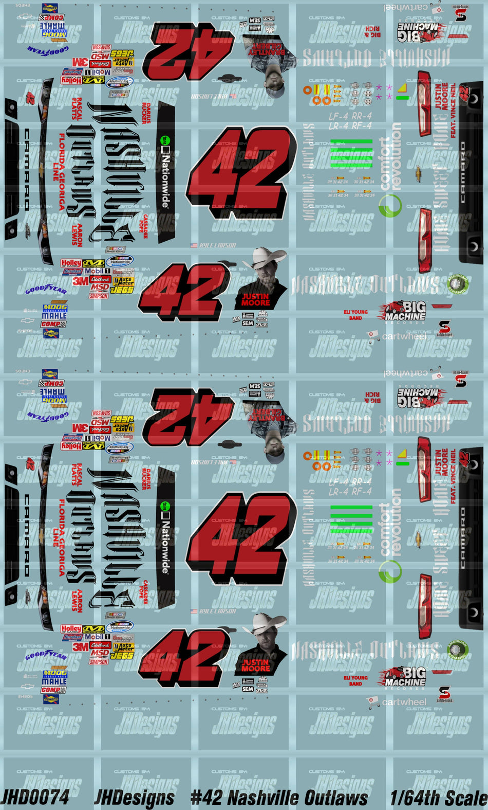 JH Designs Kyle Larson 2014 NWS #42 Nashville Outlaws 1:64 Racecar Decal Set