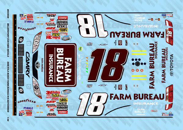 Millersport Customs 2008 Kyle Busch Farm Bureau #18 Nationwide Series Toyota Camry 1/24 Decal Set