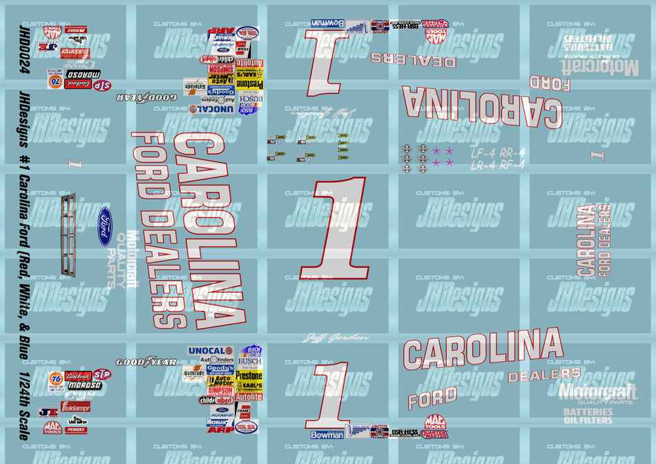 JH Designs Jeff Gordon 1991 NBS #1 Carolina Ford Dealers (Red, White, & Blue Scheme) 1:24 Racecar Decal Set