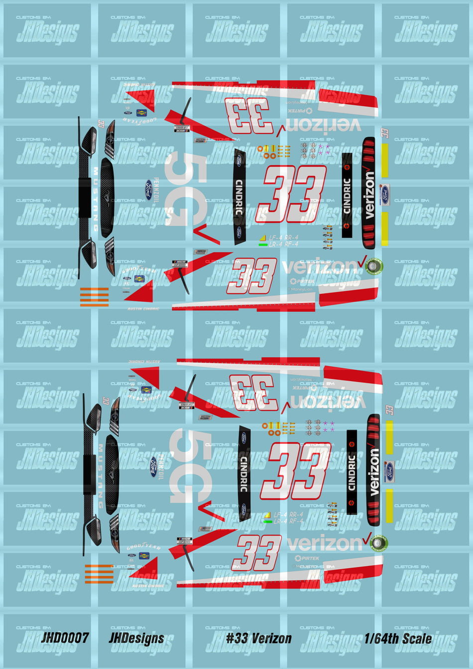 JH Designs Austin Cindric 2021 CUP #33 Verizon 5G 1:64 Racecar Decal Set