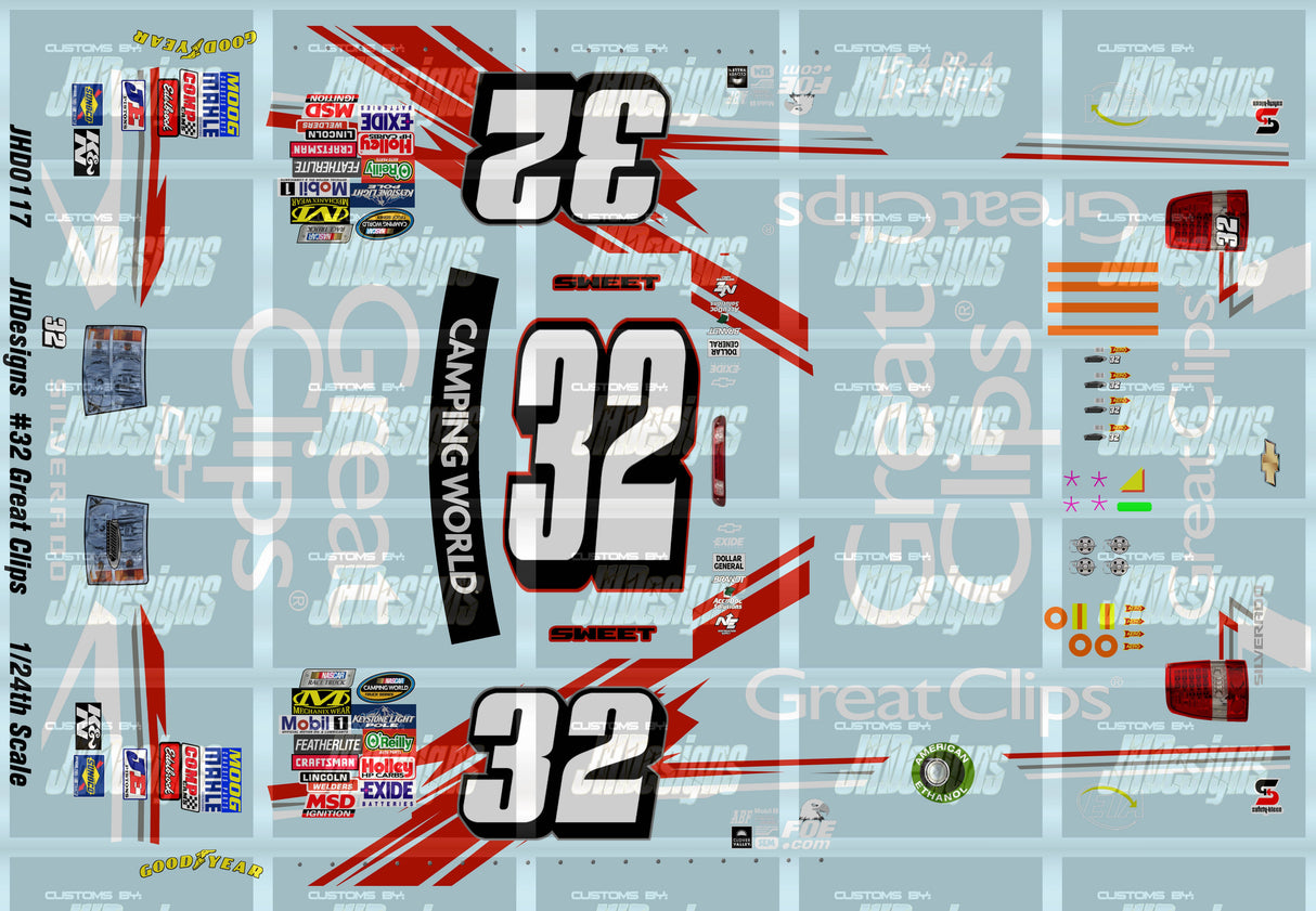 JH Designs Brad Sweet 2011 CWTS #32 Great Clips (Daytona) 1:24 Racecar Decal Set